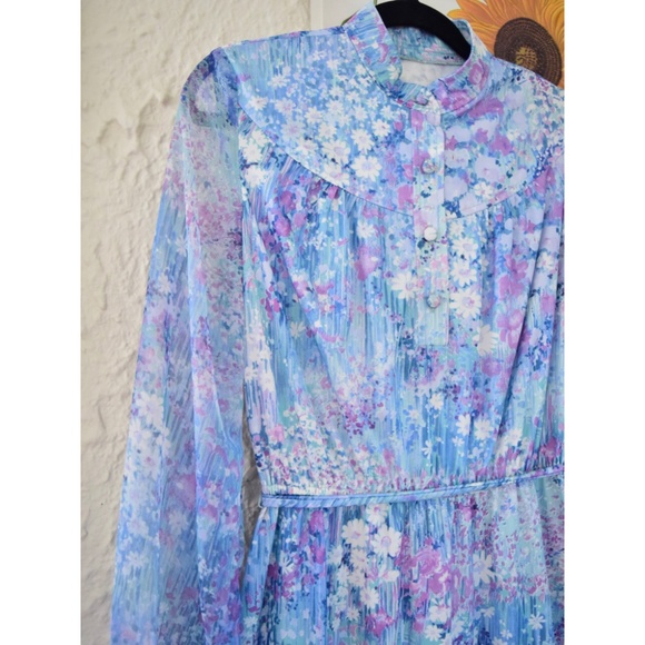 70s blue purple green impressionist floral spring dress (M) - Picture 5 of 7